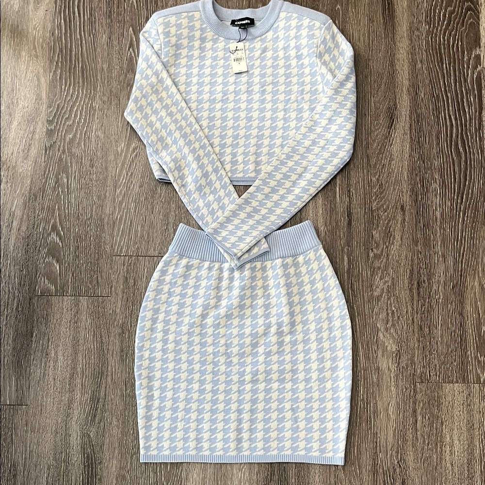 Express Light Blue and Cream Houndstooth Skirt Set